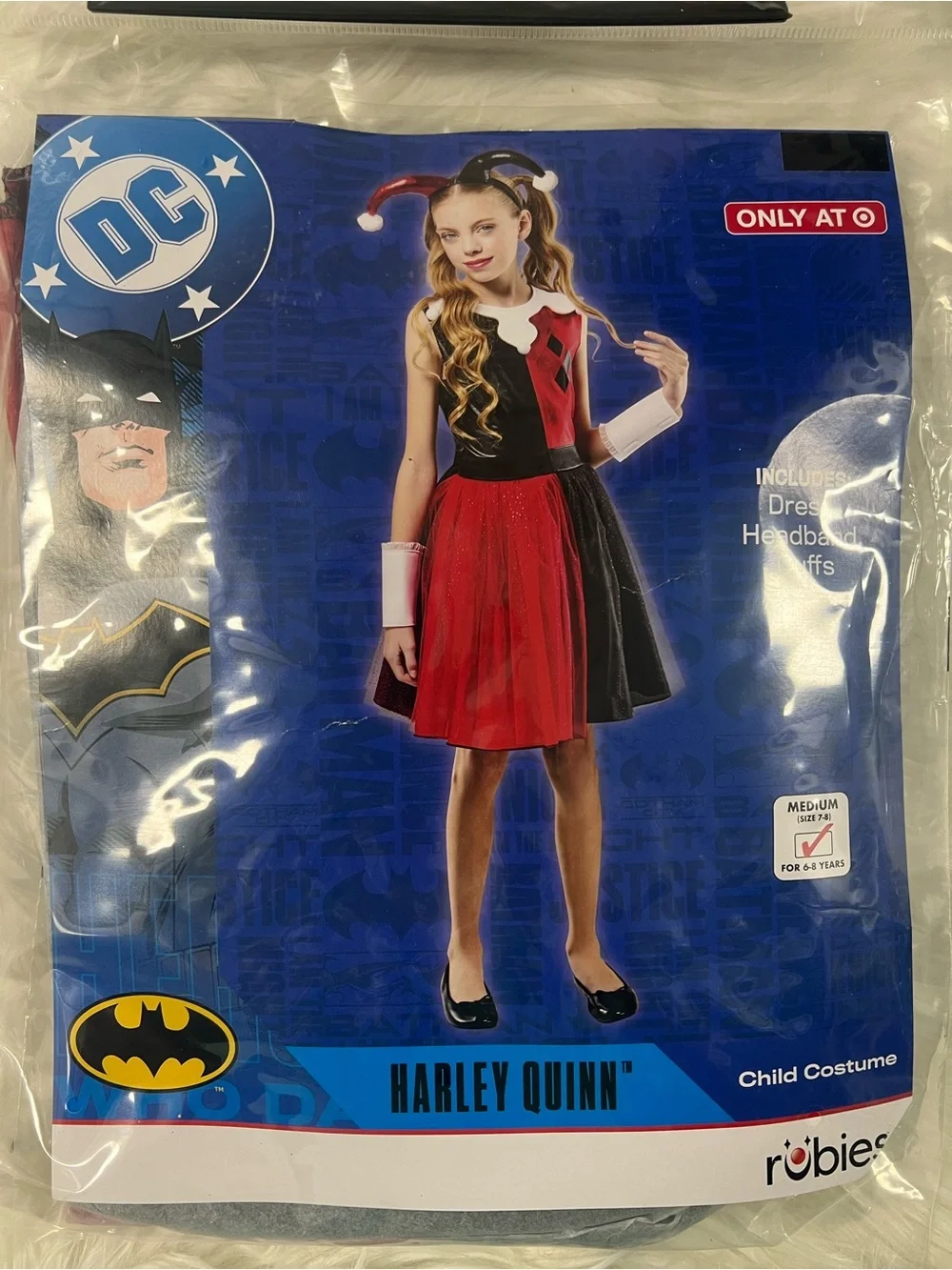 Harley Quinn Girls' Red Black Dress Costume DC Comics Halloween M 7-8 L 10-12